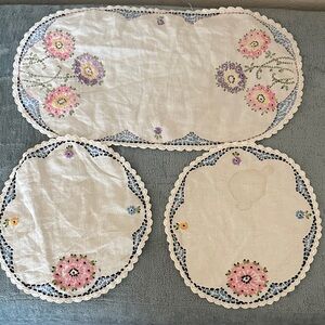 Lot of 3 Vintage Handmade Embroidered Linen Blend Table Doilies